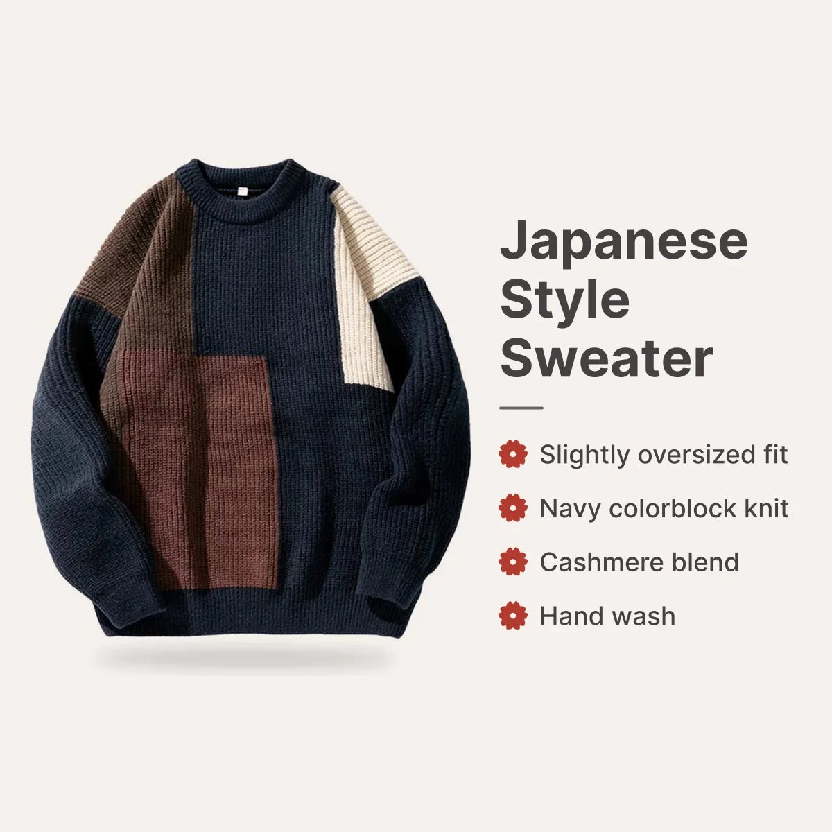 Japan-Style Pullover mit leicht oversized Passform, Navy Colorblock-Design und gerippten Bündchen
