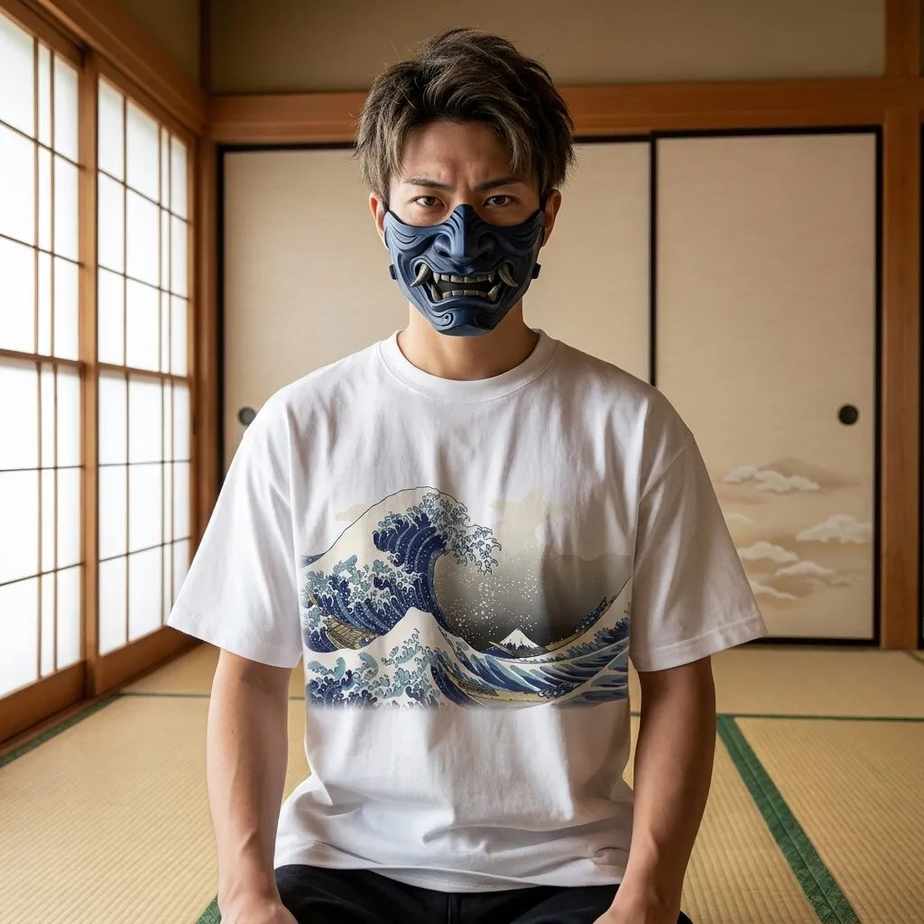 Weißes Kanagawa-Welle T-Shirt aus Baumwolle in der Vorderansicht