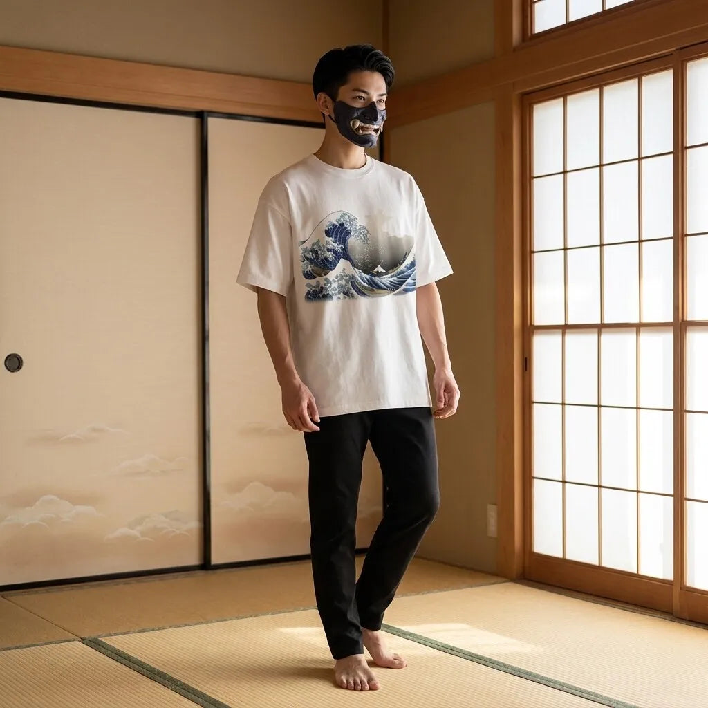 Herren T-Shirt mit japanischem Wellenmotiv, Vorderansicht im Detail