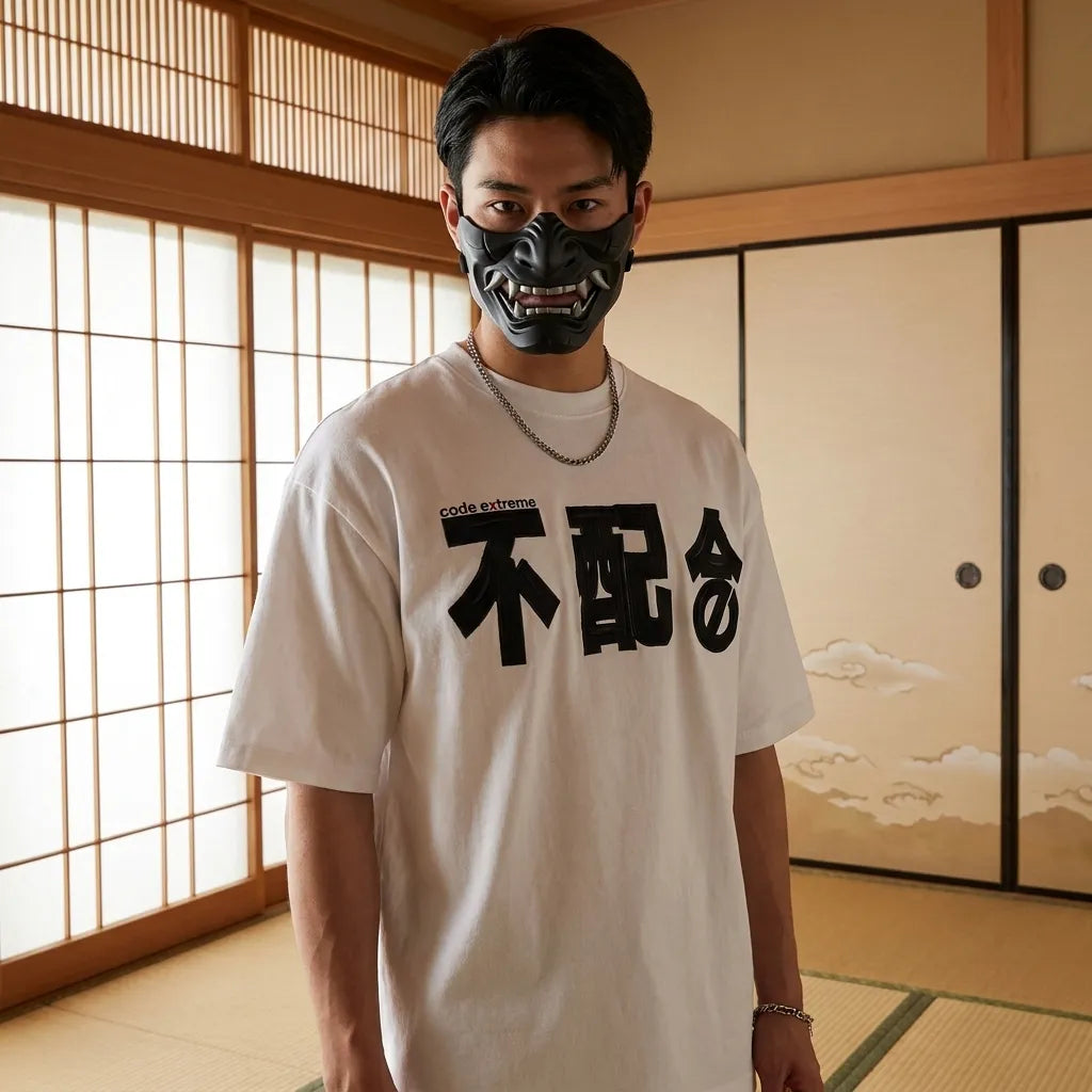 Weißes Kanji Shirt im Streetwear Look von vorne fotografiert
