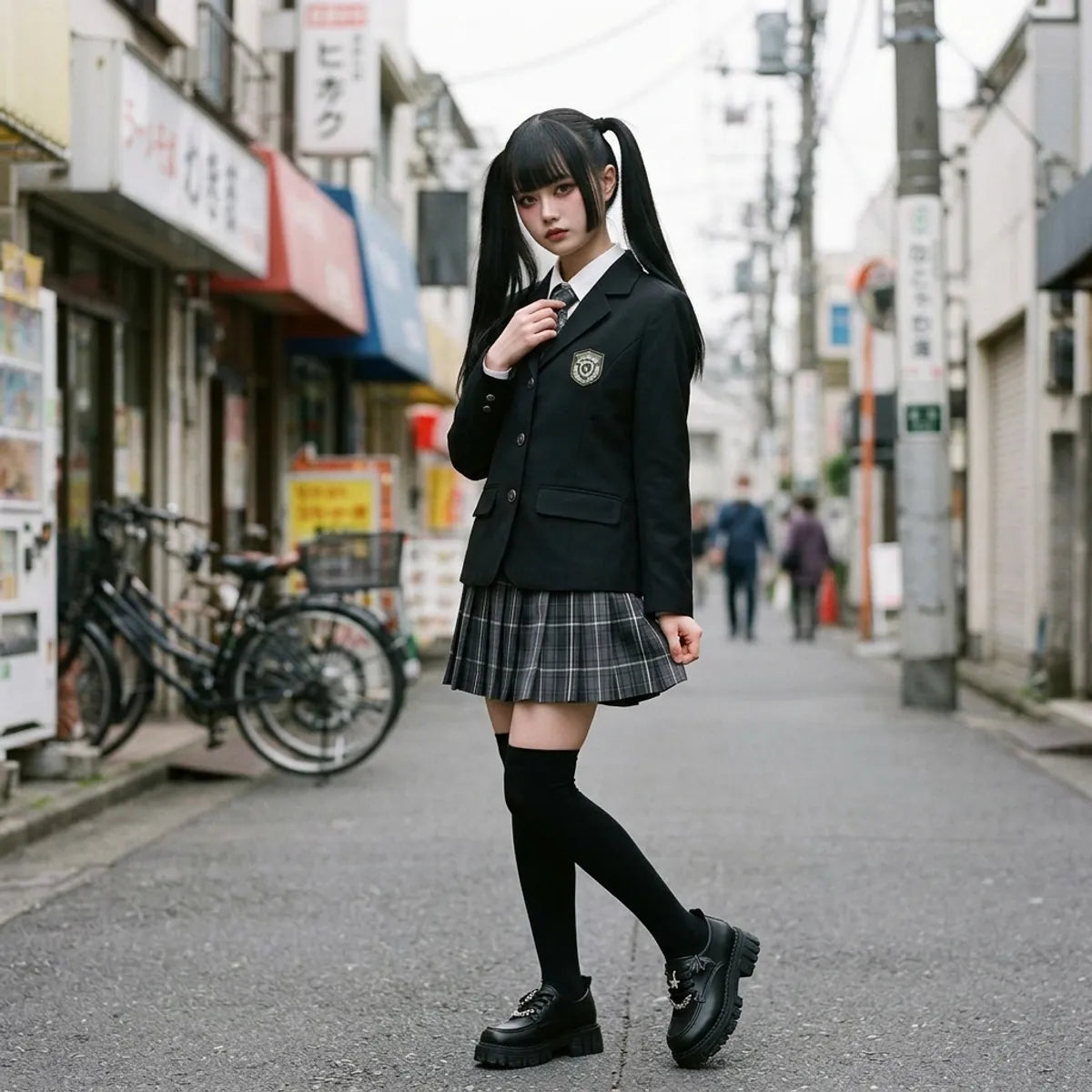 Japanische Schuluniform von der Seite in Harajuku, schwarzer Blazer und karierter Faltenrock