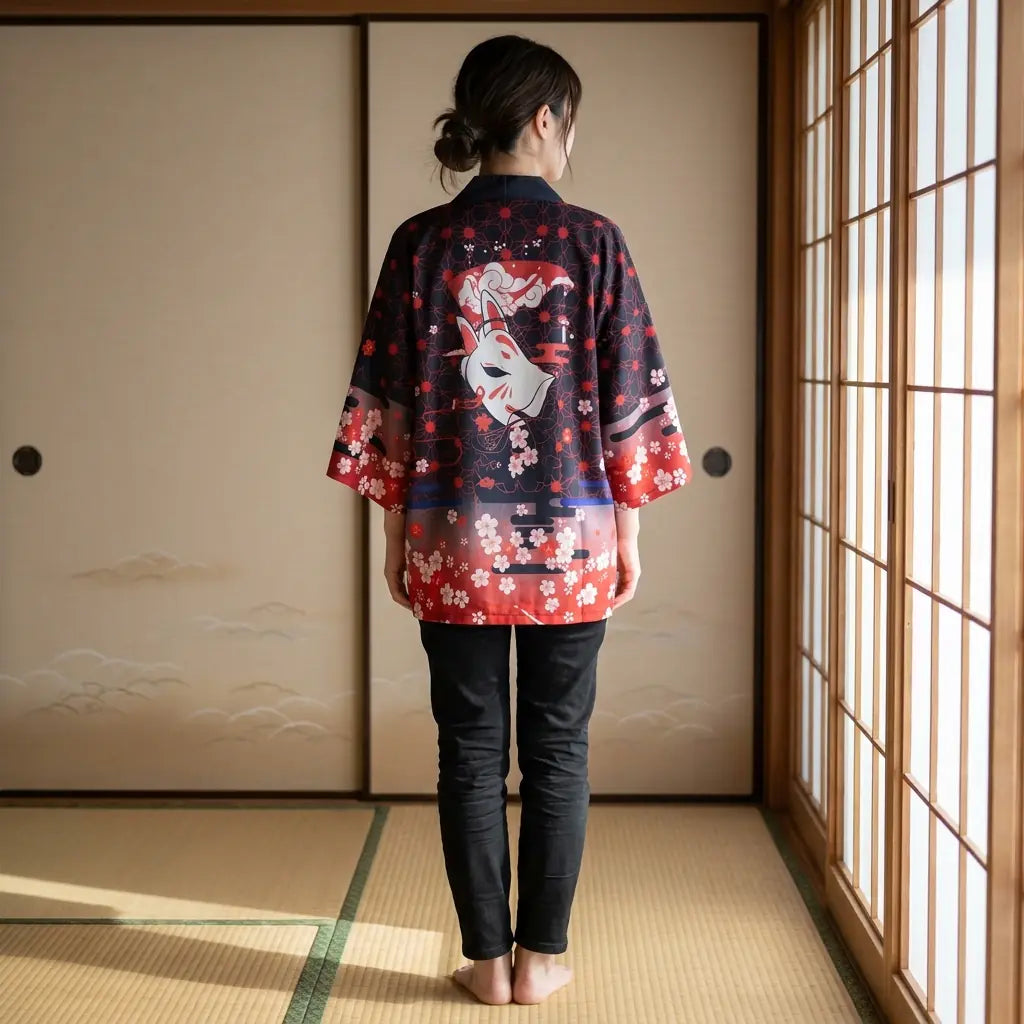 Karmesinrote Fuchs Kimono Jacke offen getragen auf Tatami mit Fuchsmaske Print
