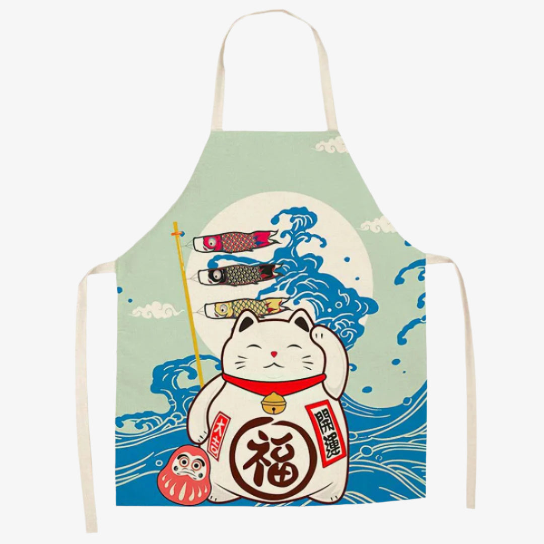 Küchenschürze mit Maneki-Neko-Katzenmotiv aus Baumwolle und Leinen in der Vorderansicht