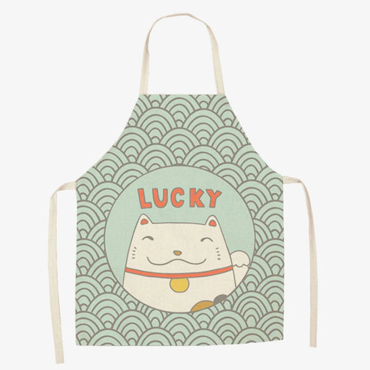 Katzen-Schürze mit Maneki-Neko-Motiv und Seigaiha-Wellen