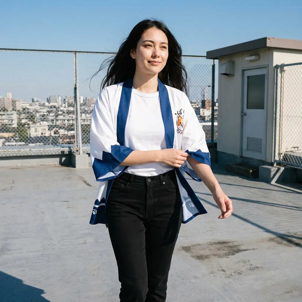 Weiße Kawaii Kimono Jacke mit marineblauem Saum und Shiba-Inu-Print auf Dachterrasse
