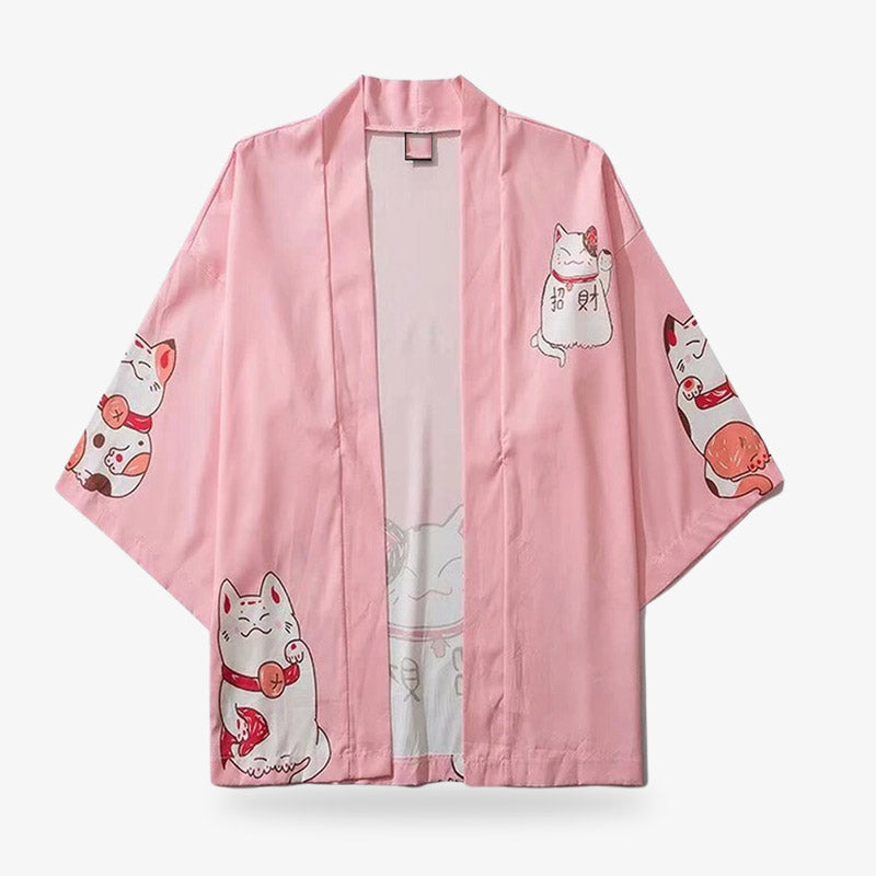 Kawaii Kimono Jacke in Rosa mit japanischer Glückskatze Maneki Neko