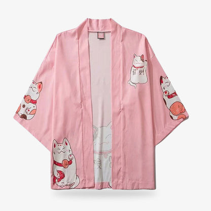 Kawaii Kimono Jacke in Rosa mit japanischer Glückskatze Maneki Neko