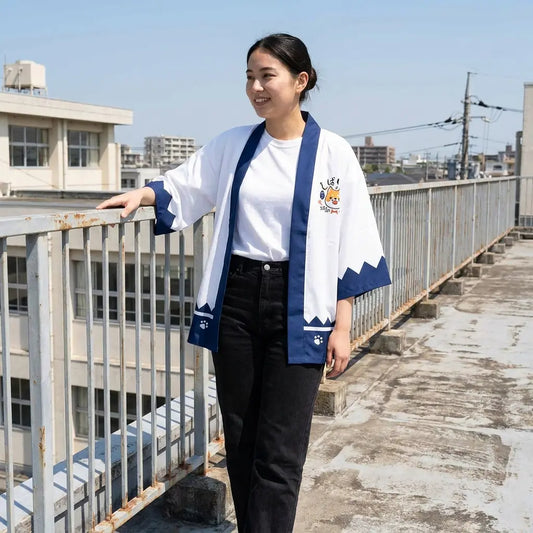 Kawaii Kimono Jacke mit Shiba-Inu-Motiv, Ärmel mit marineblauen Streifen, Dachterrasse