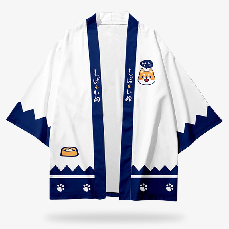 Weiße Kawaii Kimono Jacke mit marineblauem Design und Shiba-Inu-Muster