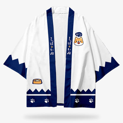 Weiße Kawaii Kimono Jacke mit marineblauem Design und Shiba-Inu-Muster