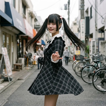 Kawaii Kleid im Sitzen getragen, Rock und Spitzenmanschetten sichtbar