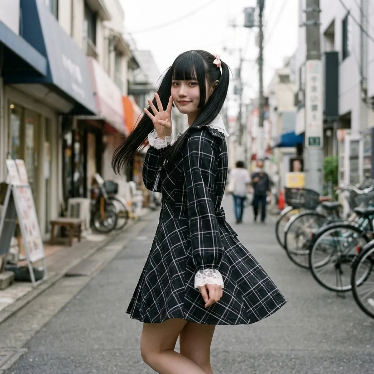 Kawaii Kleid im Karomuster von der Seite mit Spitzenkragen und Herzknöpfen