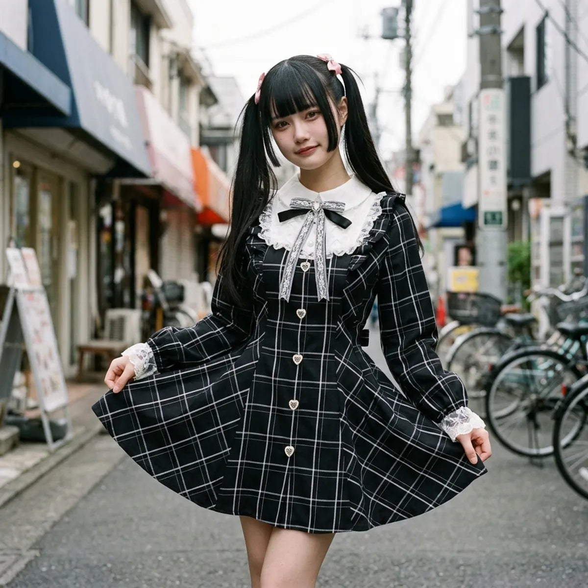 Kawaii Kleid mit weißem Spitzenkragen über schwarzem Karomuster in einer Gasse