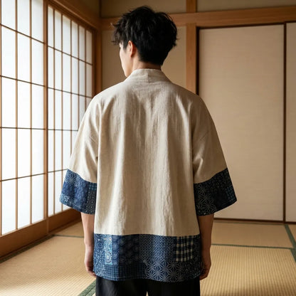 Rückansicht des Kimono Cardigan Herren mit geometrischem Muster