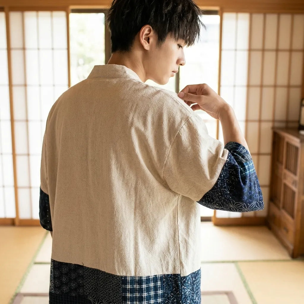Kimono Cardigan Herren von hinten mit traditionellem japanischem Muster
