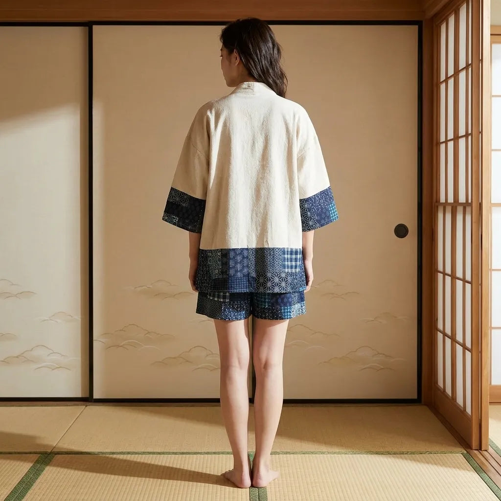 Kimono Cardigan Herren Rückenansicht mit Ishidatami und Asanoha Muster