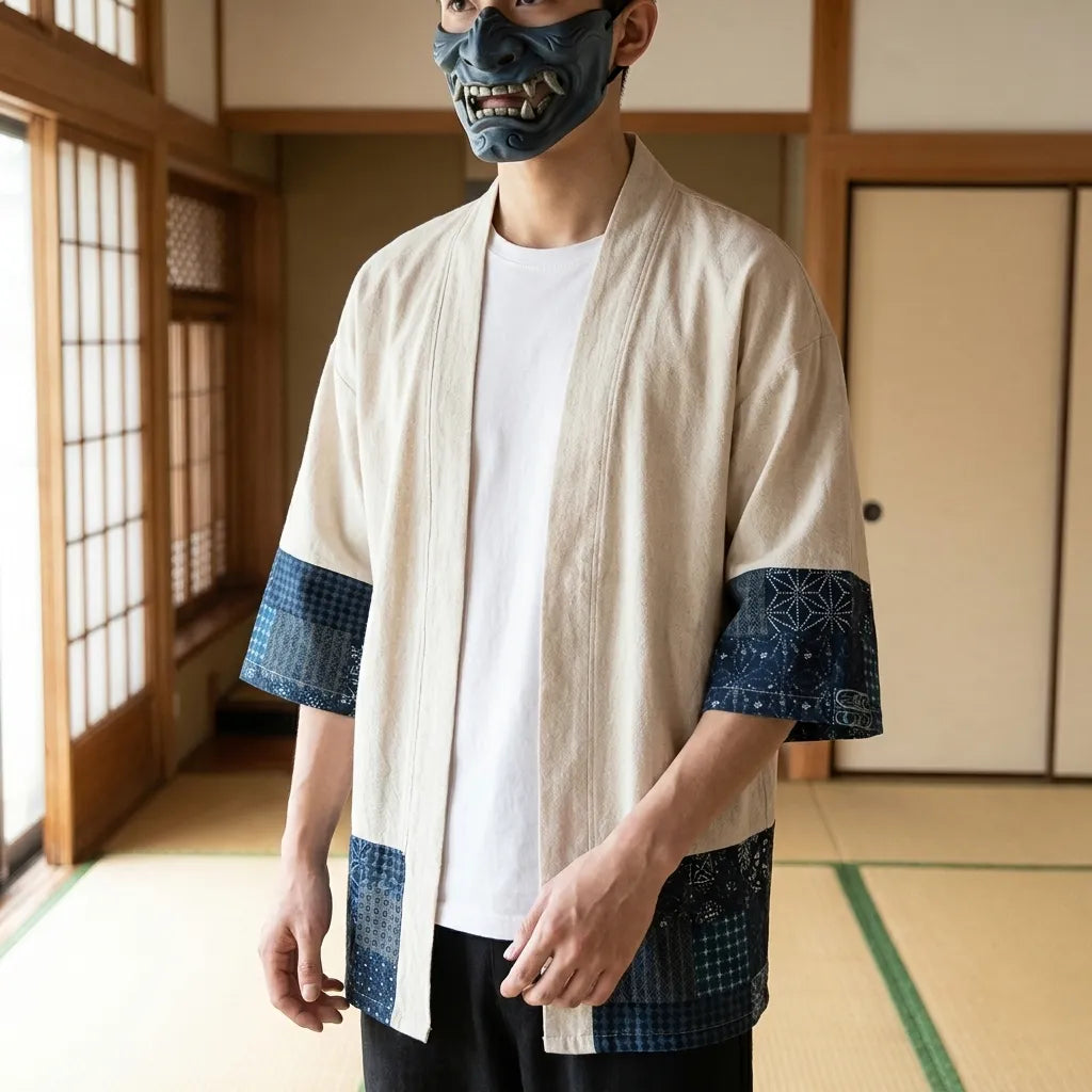 Kimono Cardigan Herren in Vorderansicht mit japanischem Muster am Ärmel
