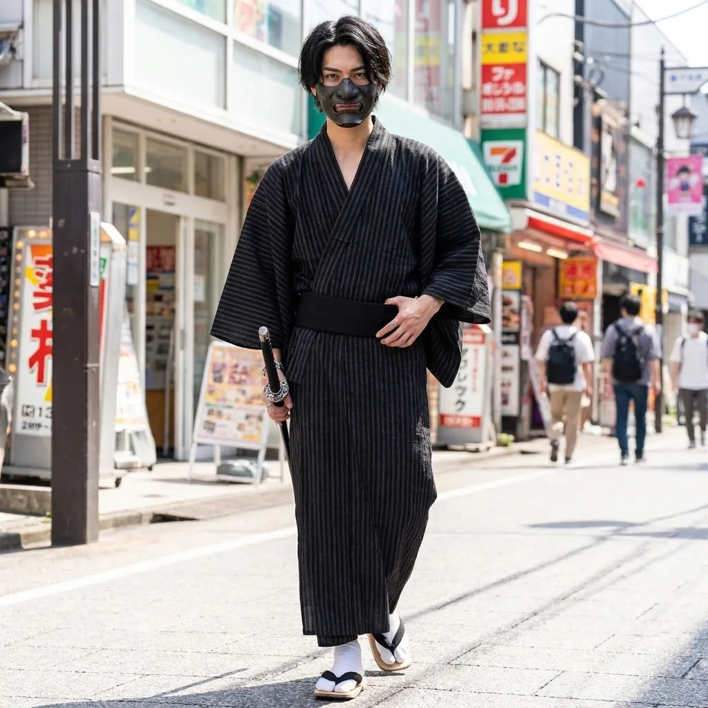 Herren Kimono mit Streifenmuster, Vorderansicht mit weiten Ärmeln