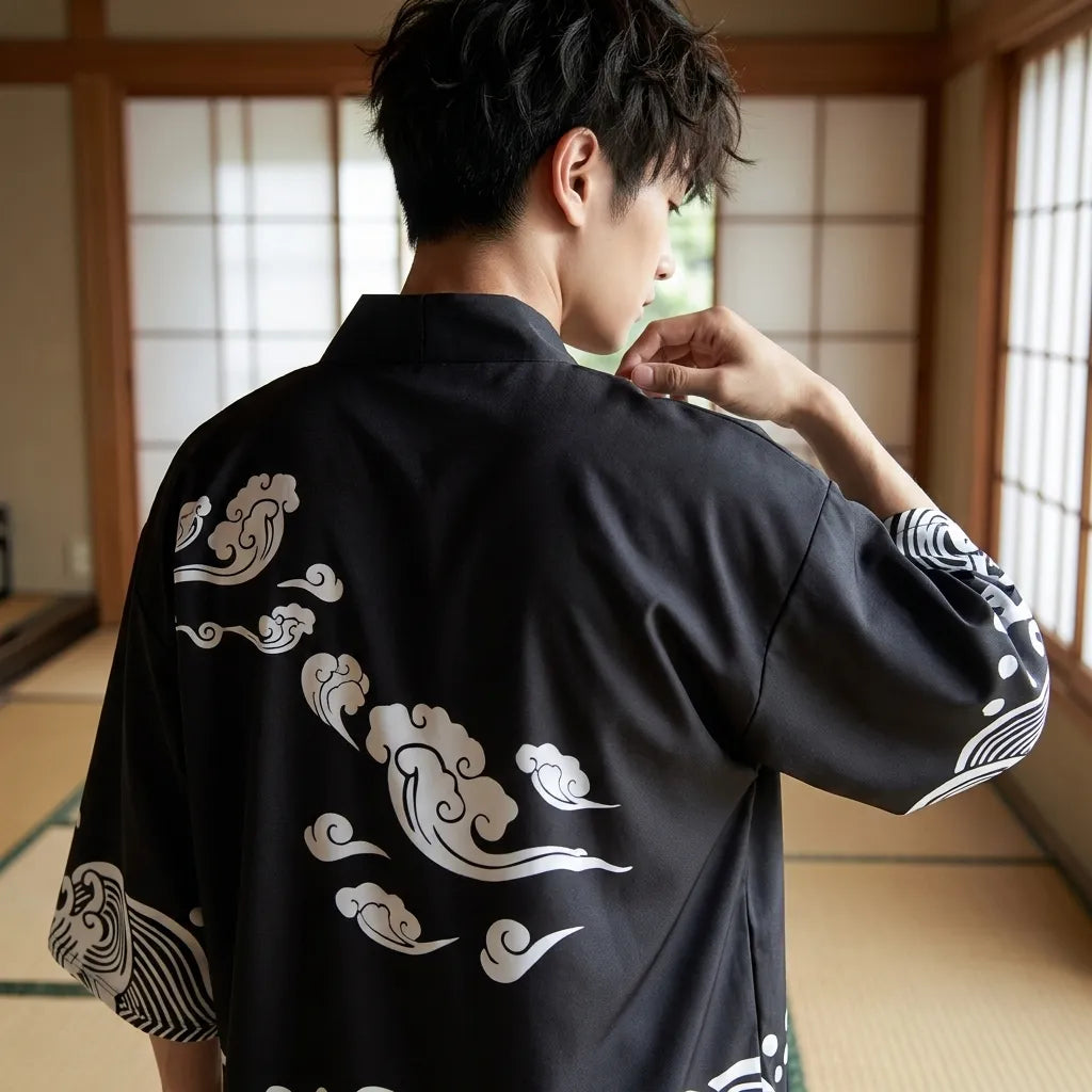 Kimono Hemd Set Herren Haori Jacke Rückansicht mit Muster