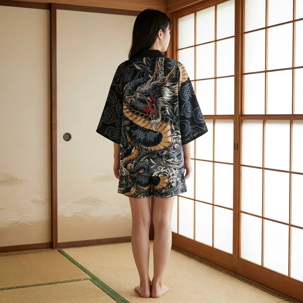 Haori Kimono Jacke von hinten mit Drachenmotiv