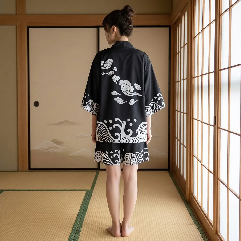 Kimono Set Herren Detailansicht Rücken mit Wolken Motiv