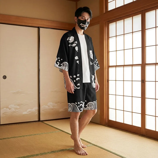 Kimono Hemd Set Herren Haori Jacke und Shorts Vorderansicht