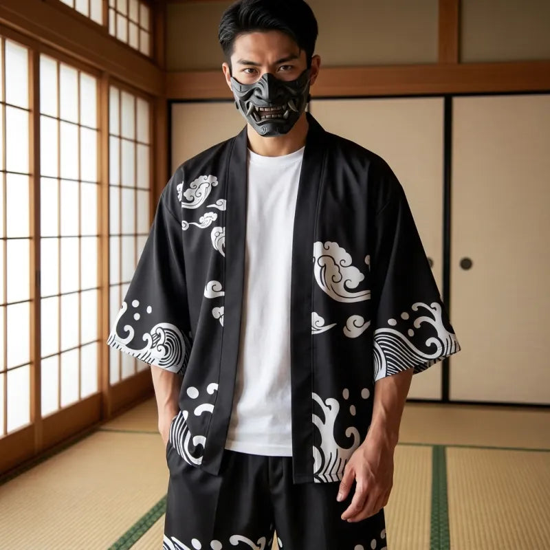 Herren Kimono Set mit Wellen Muster Jacke von vorne