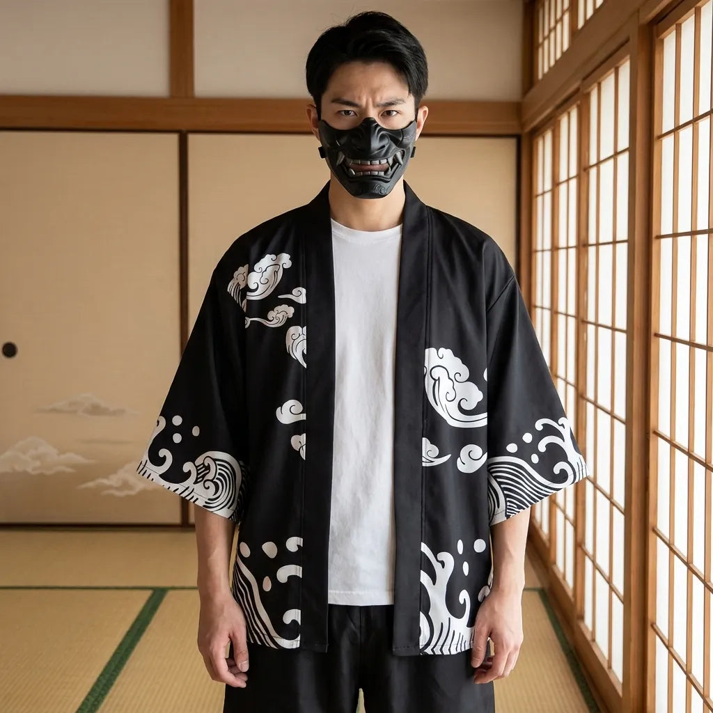 Japanisch inspiriertes Kimono Set für Herren komplett angezogen