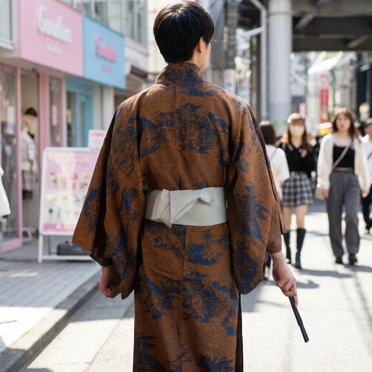 Rückansicht des braunen Herren-Kimonos mit lockerem Fall