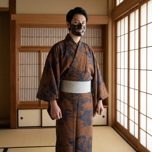 Brauner Herren-Kimono in lockerer Vorderansicht mit weiten Ärmeln