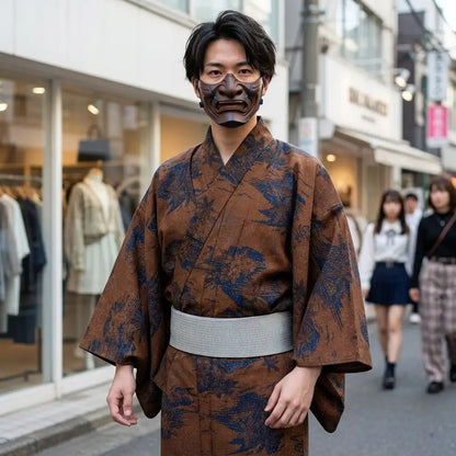 Nahaufnahme des braunen Kimono-Stoffs für Herren am Körper