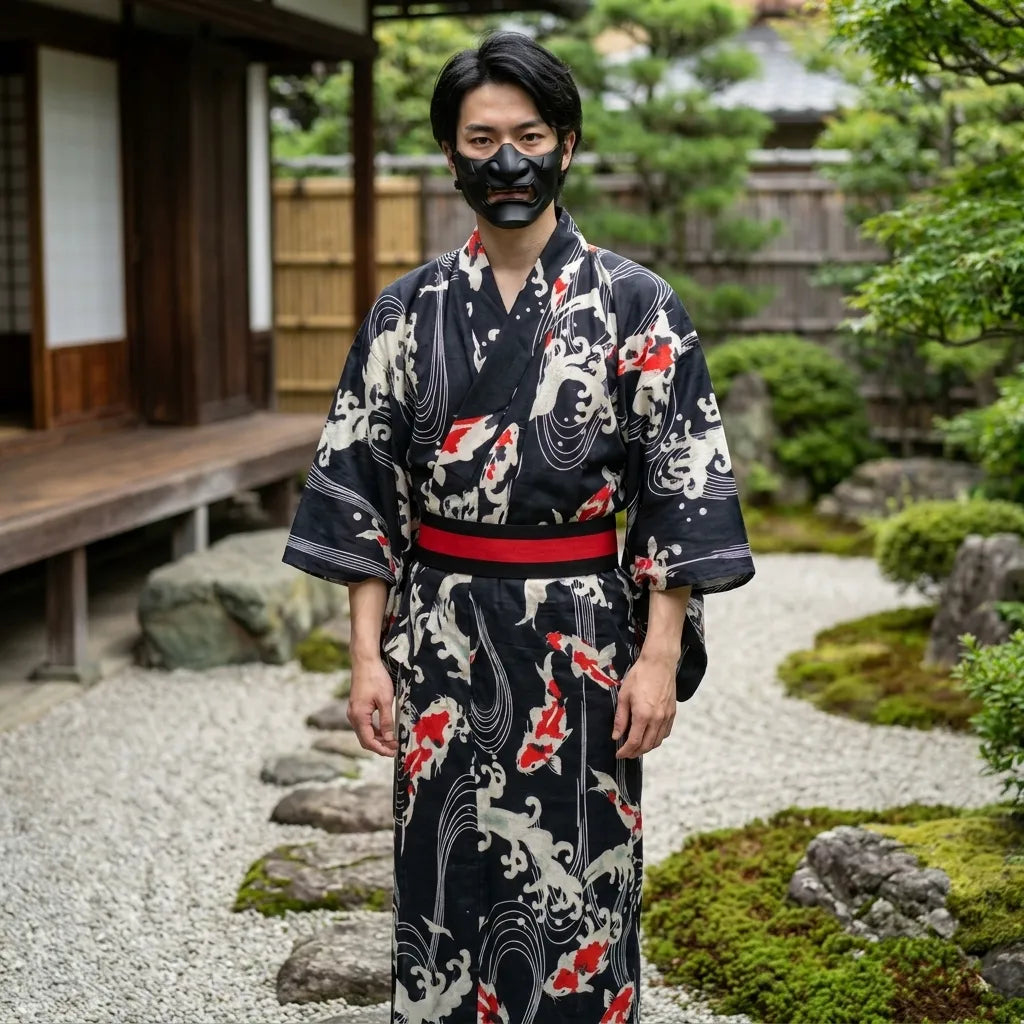 Detailansicht des Koi-Karpfen-Motivs auf dem Herren-Kimono