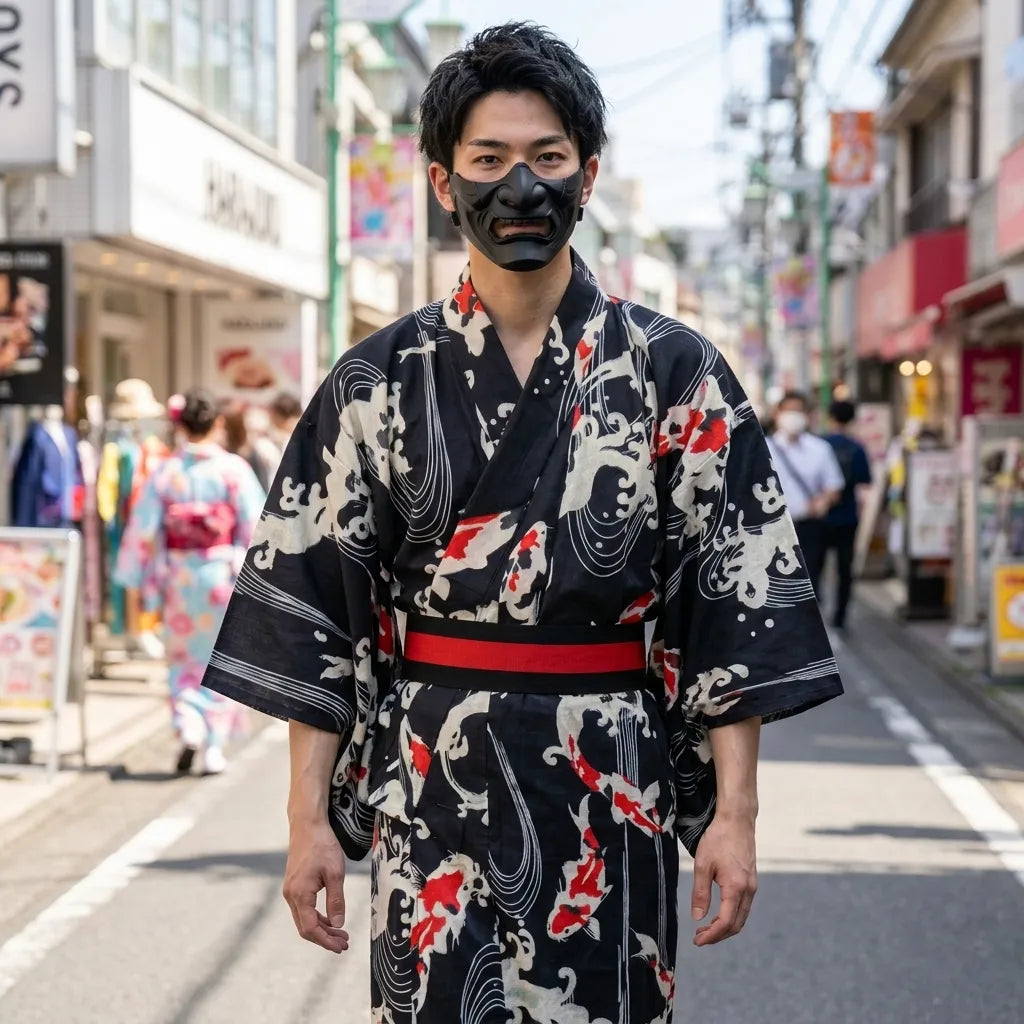 Kimono Koi für Herren komplett angezogen im Ganzkörperbild