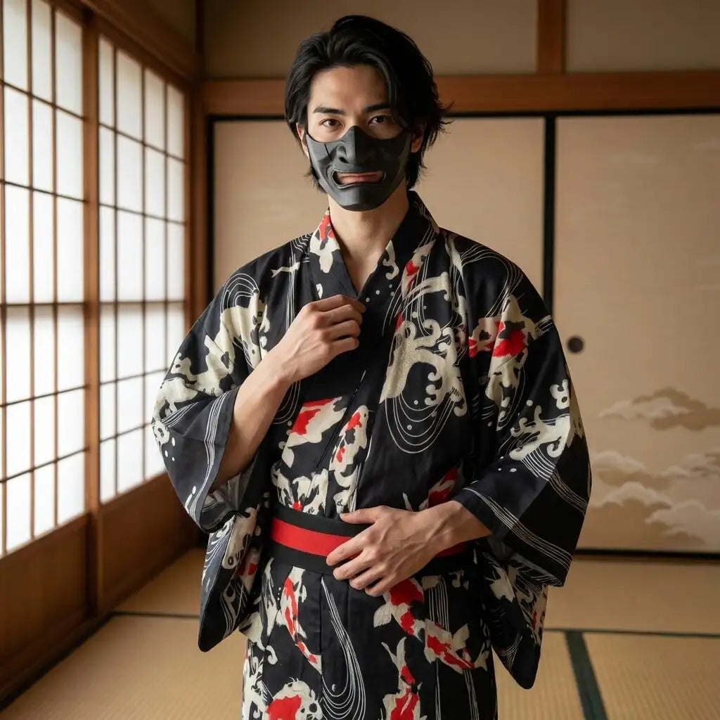 Herren-Kimono Koi mit farbenfrohem Karpfenmotiv in Vorderansicht