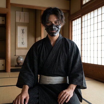 Herren Kimono mit dunklem Samurai-Motiv und lockerem Schnitt
