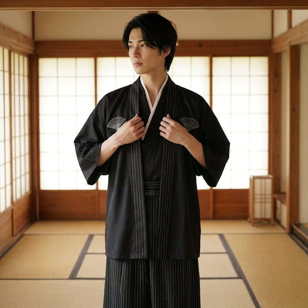 Traditioneller Herren-Kimono im Samurai-Stil, Vorderansicht auf Kleiderpuppe