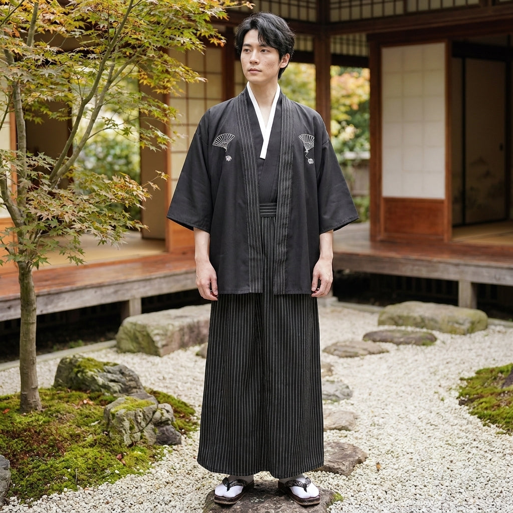 Herren-Kimono mit weiten Ärmeln in traditionellem Samurai-Design
