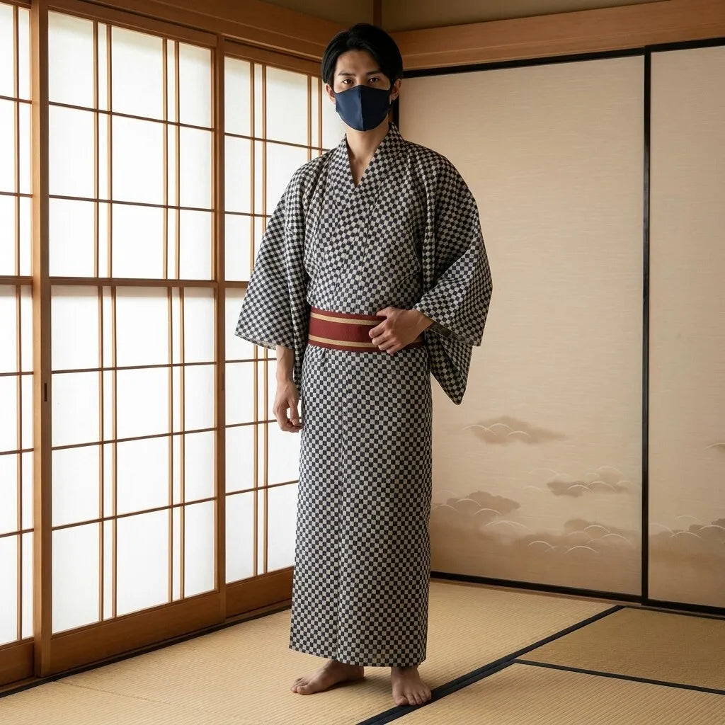 Herren-Kimono Ichimatsu mit geometrischem Schachbrettmuster von vorne
