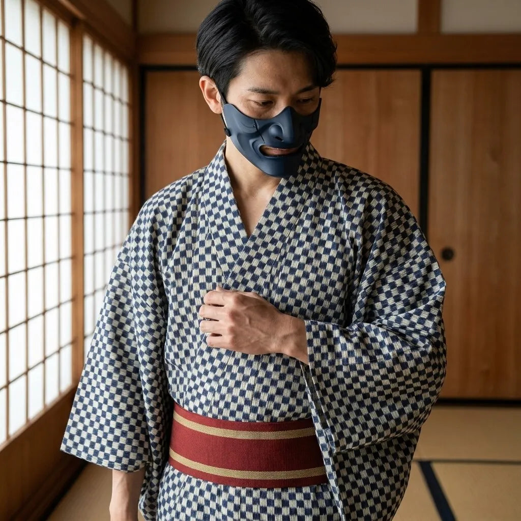 Detailansicht des Karomusters am Kimono Ichimatsu für Herren