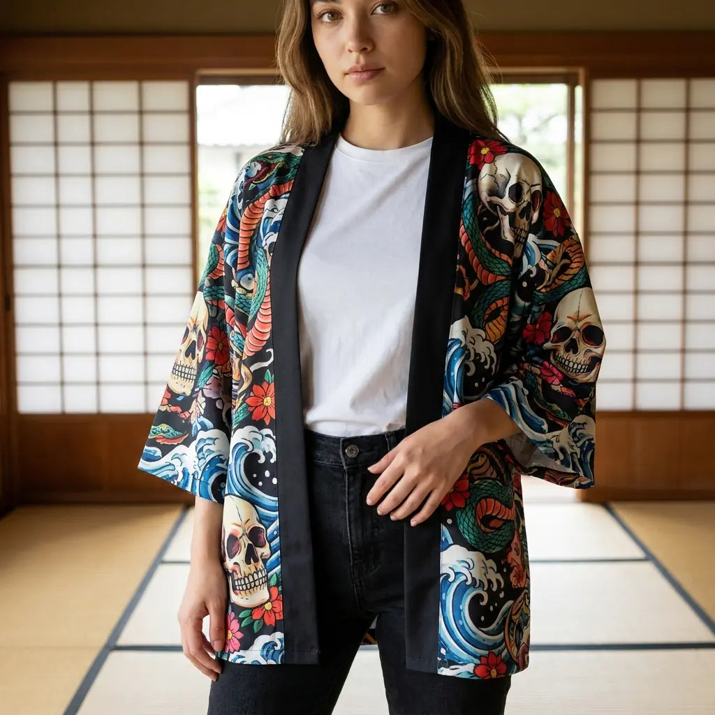 Kimono Jacke mit blauer Welle und Totenkopf-Motiv von vorne, Welle über den Ärmel gelegt