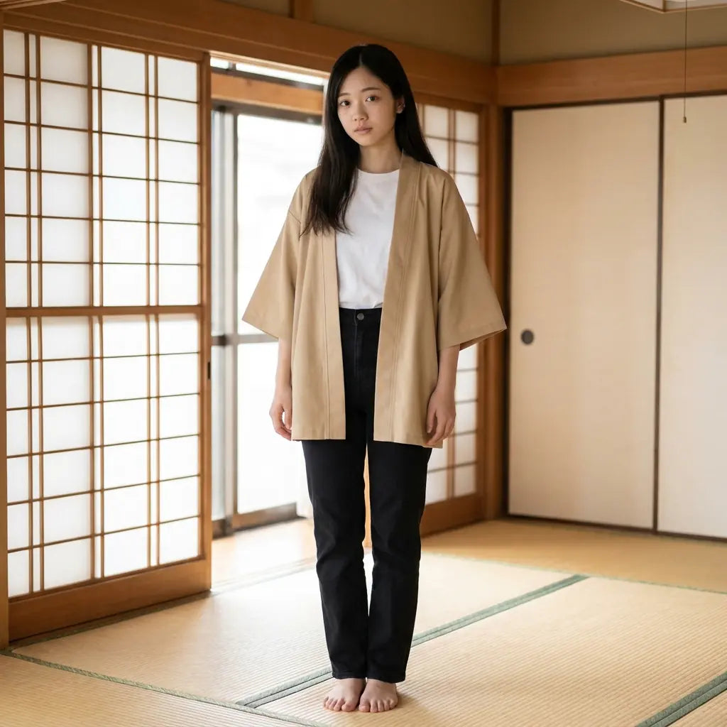 Kimono Jacken Damen in schlichtem Beige als leichte Lage auf Tatami