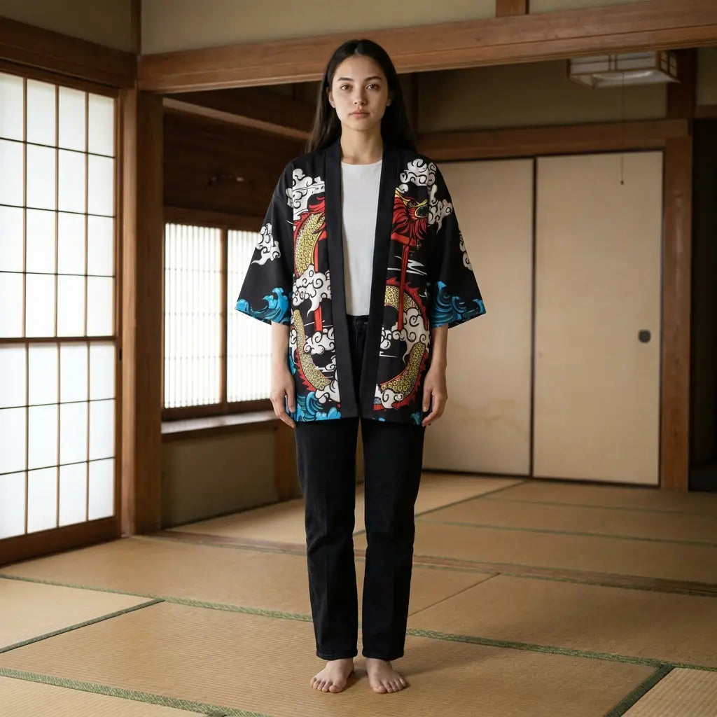 Schwarze Kimono Jacke mit buntem Drachendruck und türkisfarbenen Ärmelstreifen, offen getragen