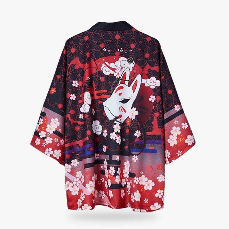 Schwarze Kimono Jacke in großen Größen mit Kitsune Fuchsmaske und Sakura Blüten