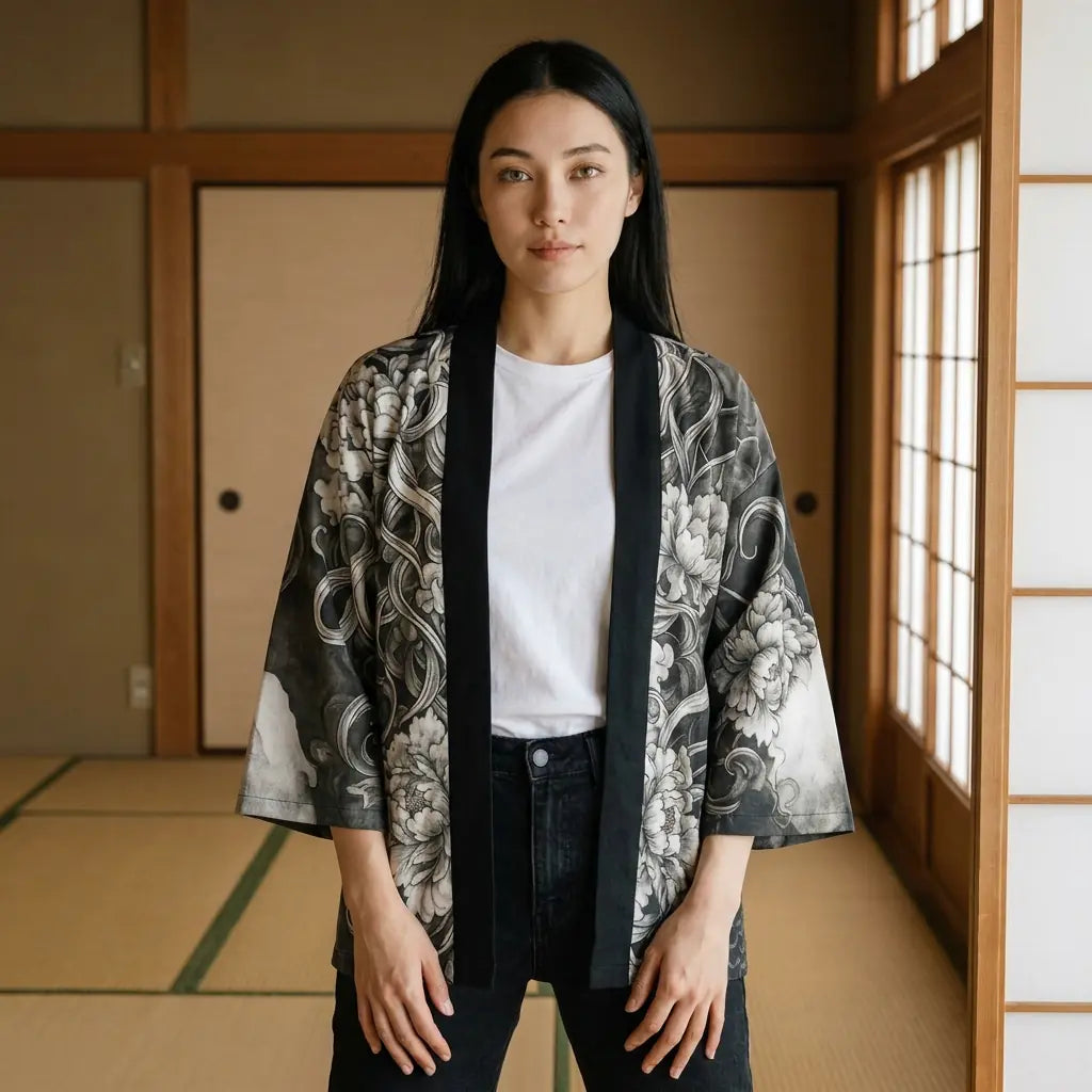 Kimono Jacke mit Hannya Maskenprint, Vorderansicht in einem Tatami Zimmer mit Print auf beiden Ärmeln