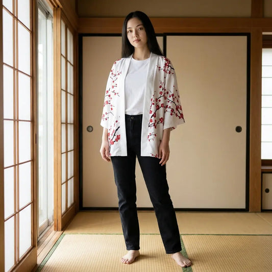 Cremefarbene Kimono Jacke für Damen mit rotem Kirschblütenzweig Muster im Tatami Zimmer
