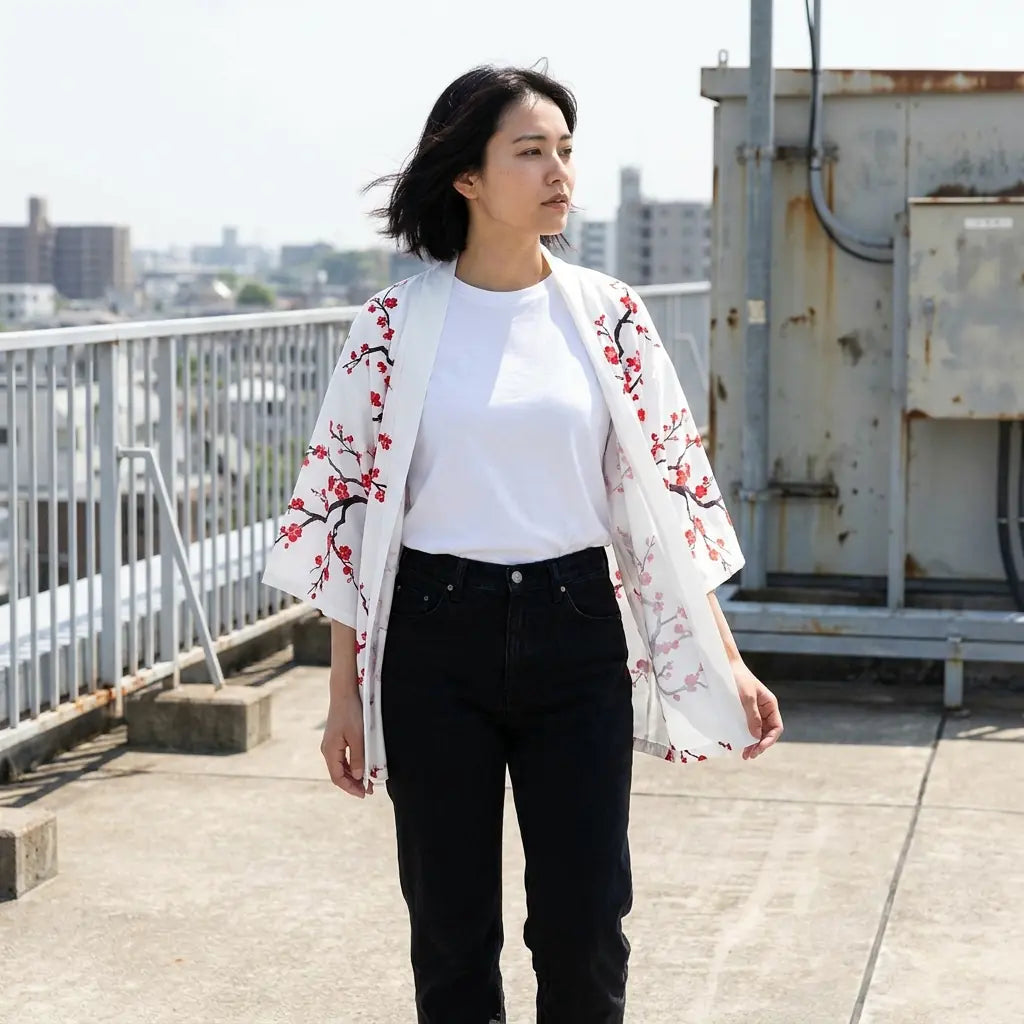Weiße blumenbedruckte Kimono Jacke offen getragen über einer schwarzen Jeans