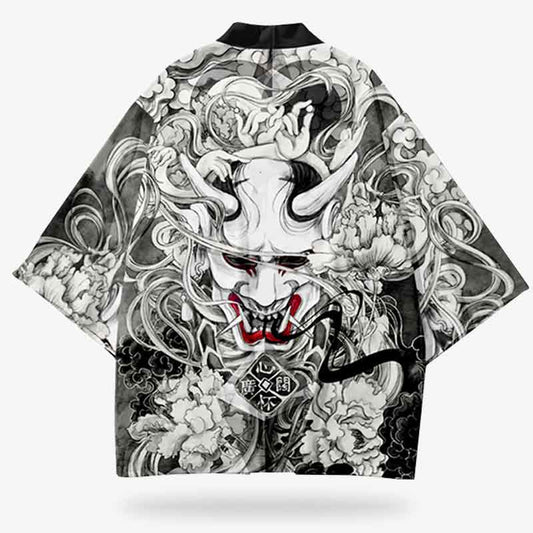 Kimono Jacke für Damen mit Oni Dämon Muster und Blumenprint