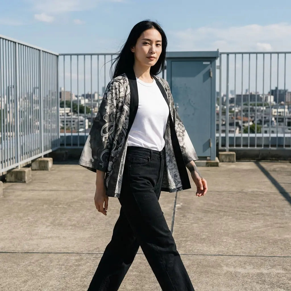 Schwarz-weiße Kimono Jacke mit Wellen und Oni Dämon Print auf einer Dachterrasse getragen
