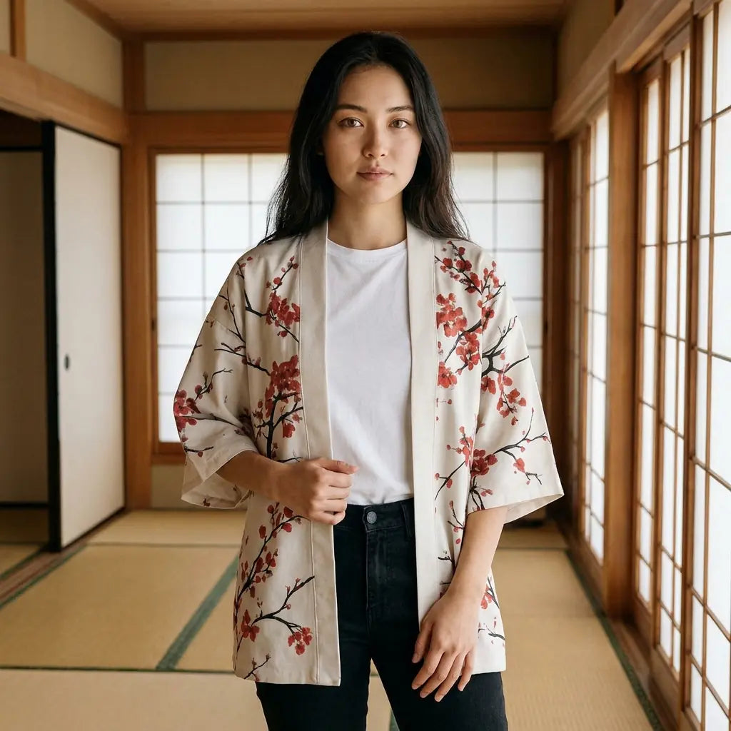 Kimono Jacke von vorne mit roten Blütenzweigen über beide Ärmel verlaufend