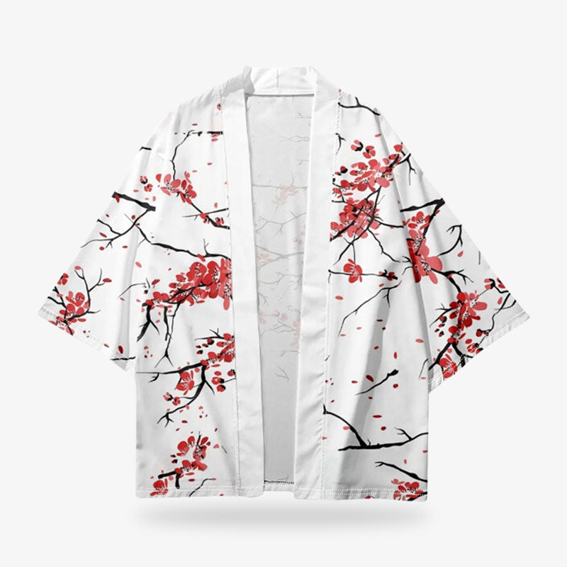 Weiße Kimono Jacke mit rotem Sakura Blütenmuster im Detail